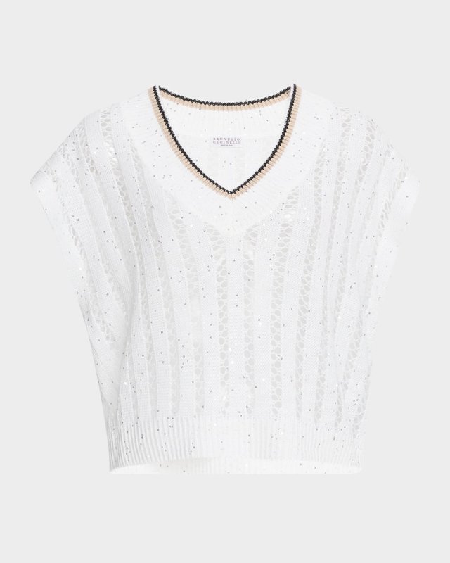 V-Neck Tipped Linen Paillette Lattice Knit Sweat